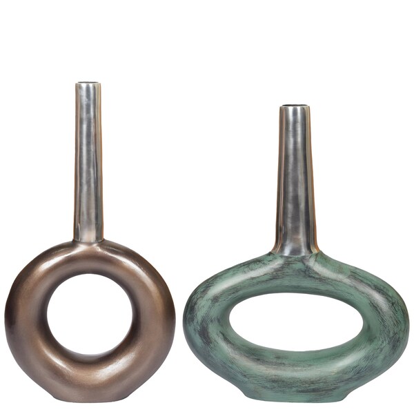 Uniquewise Decorative Antique Aluminium-Casted Table Centerpiece Flower Vase, Two Tone Patina Green , Set of 2 - QI004132-33.2