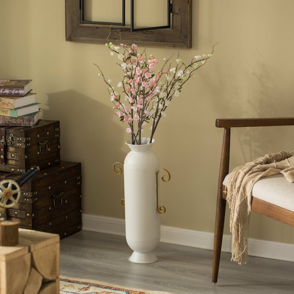 Uniquewise Decorative White Metal Floor Vase With 2 Gold Handles for Entryway, Living Room or Dining Room - QI004444