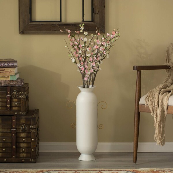 Uniquewise Decorative White Metal Floor Vase With 2 Gold Handles for Entryway, Living Room or Dining Room - QI004444
