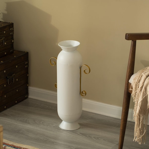 Uniquewise Decorative White Metal Floor Vase With 2 Gold Handles for Entryway, Living Room or Dining Room - QI004444