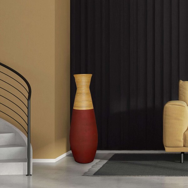 Uniquewise 31.5 in Tall Handcrafted Bamboo Floor Vase, Burgundy and Natural - QI003353R.L