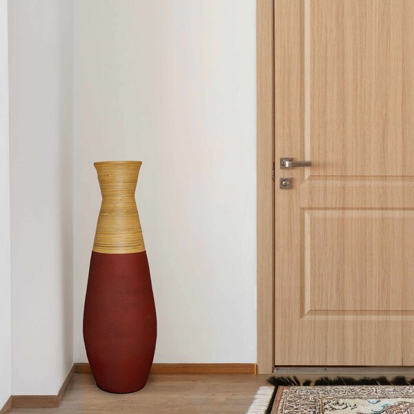 Uniquewise 31.5 in Tall Handcrafted Bamboo Floor Vase, Burgundy and Natural - QI003353R.L