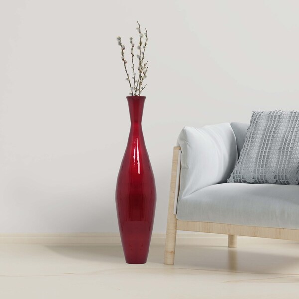 Uniquewise Tall 43" Inch Modern Bamboo Narrow Trumpet Floor Vase Red Metallic Finish - QI003889.RD