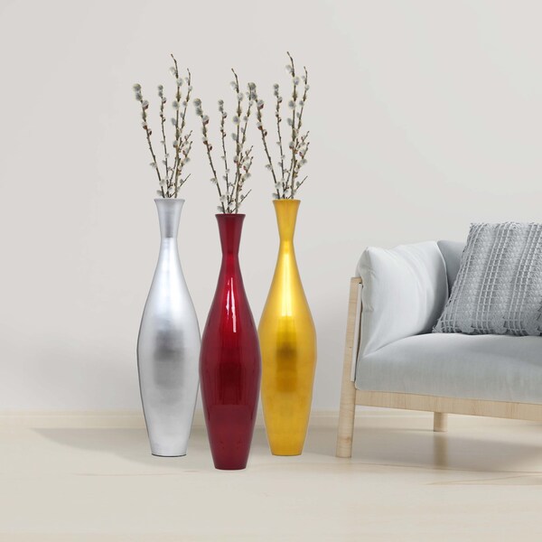 Uniquewise Tall 43" Inch Modern Bamboo Narrow Trumpet Floor Vase Red Metallic Finish - QI003889.RD