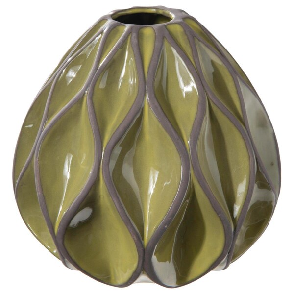 Urban Trends Collection Ceramic Low Round Vase with Narrow Mouth  Embossed Dark Edges Wave Body Green - 32867