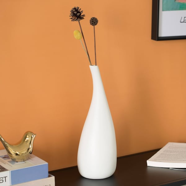 Uniquewise White Contemporary Unique Teardrop Shaped Ceramic Table Vase Flower Holder, 12.5 Inch - QI004367.L