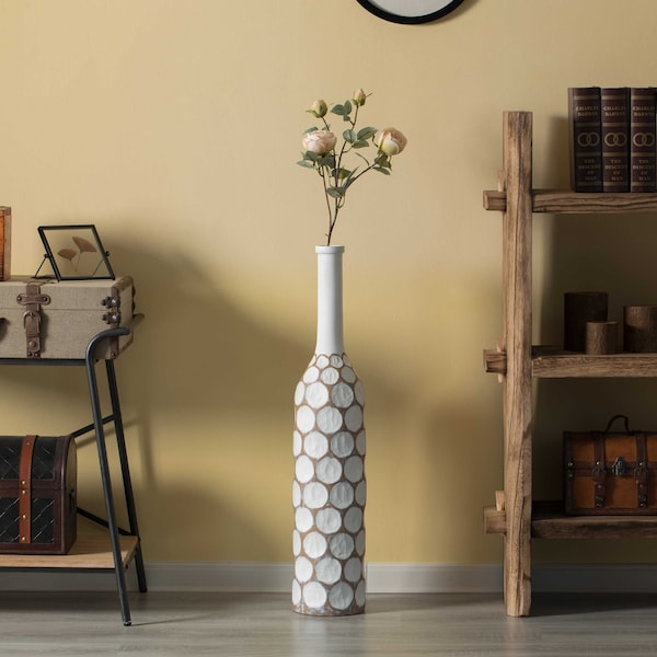 Uniquewise Decorative Contemporary Floor Vase White Carved Divot Bubble Design with Tall Neck, 33.5 Inch - QI004180.L