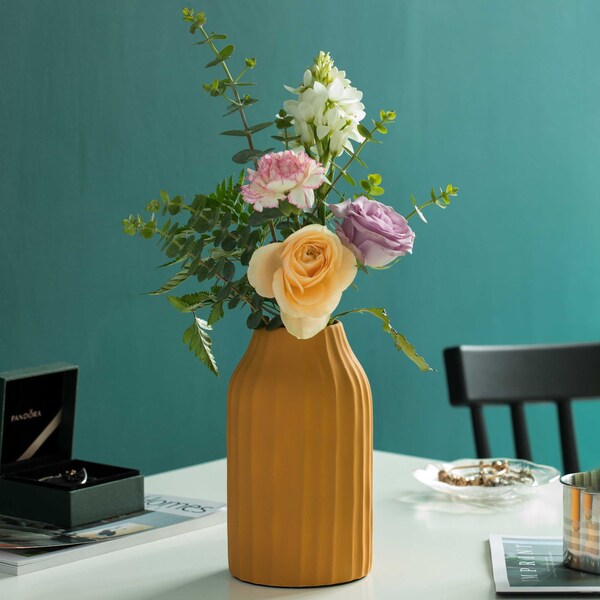 Fabulaxe 8 H Decorative Ceramic Sculpture Channeled Centerpiece Table Vase, Yellow Mustard - QI004055.MD