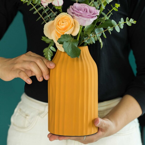 Fabulaxe 8 H Decorative Ceramic Sculpture Channeled Centerpiece Table Vase, Yellow Mustard - QI004055.MD