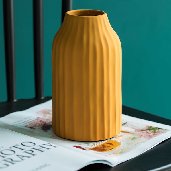 Fabulaxe 8 H Decorative Ceramic Sculpture Channeled Centerpiece Table Vase, Yellow Mustard - QI004055.MD