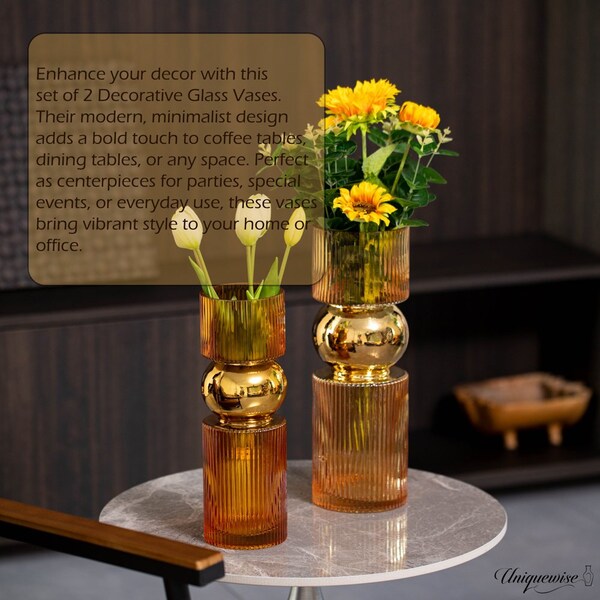 Uniquewise Set of 2 Decorative Orange Tall Glass Vase - Modern Minimalist Decor for Parties, and Special - QI004735.OR.2