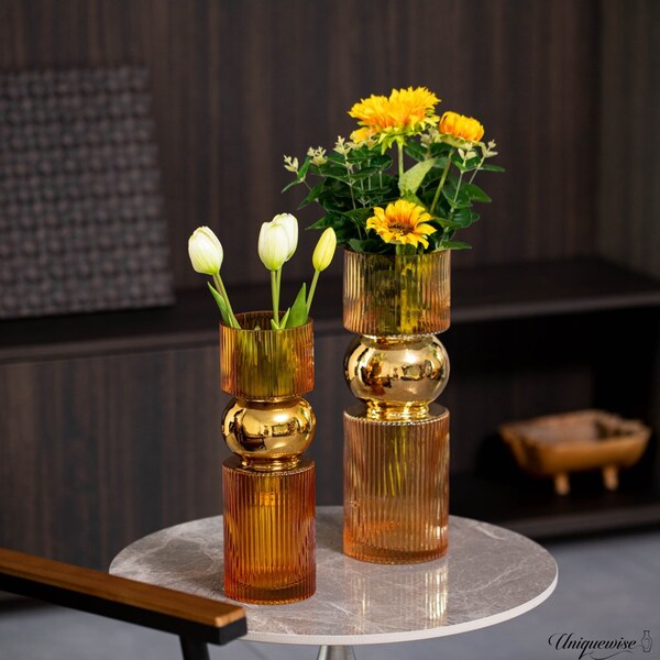 Uniquewise Set of 2 Decorative Orange Tall Glass Vase - Modern Minimalist Decor for Parties, and Special - QI004735.OR.2