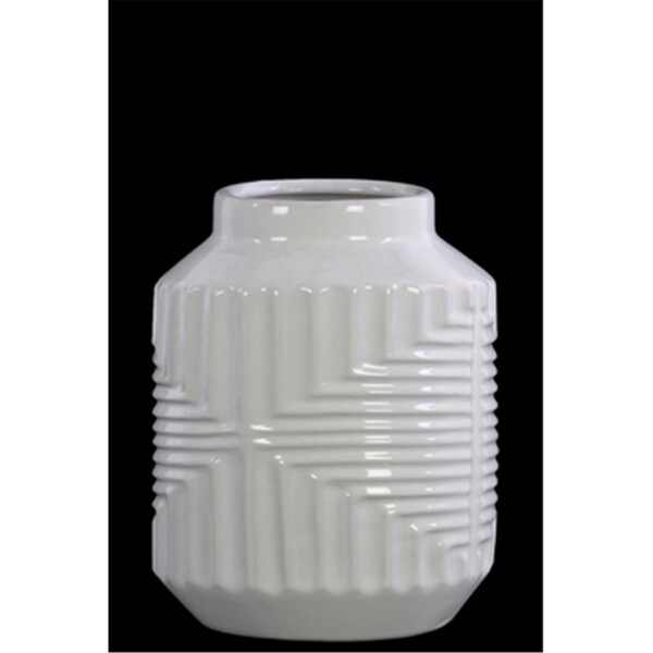H2H Ceramic Short Cylindrical Vase with Interesecting Lines Design Body, White - H22674405