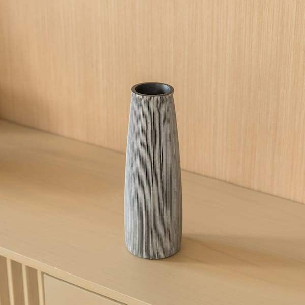 Uniquewise Decorative Modern Round Table Centerpiece Flower Vase with Gray Striped Design, 9 Inch - QI004175.S