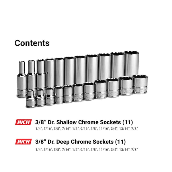 Capri Tools 38 Drive 12Pt Shallow and Deep Socket Set, SAE, 14 to 78, W Billet Alum Socket Rail, 22Pcs - CP16301-22SSDR