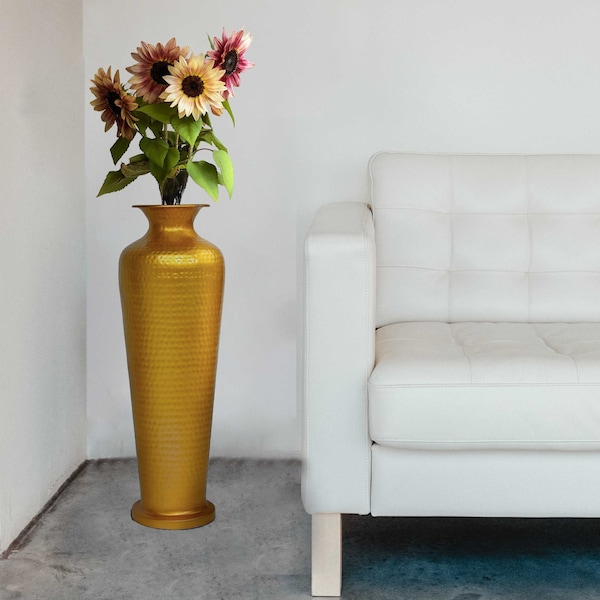 Uniquewise Decorative Modern Gold Metal Hammered Floor Flower Vase for Entryway, Living Room or Dining Room - QI004250