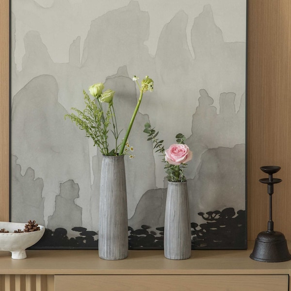 Uniquewise Decorative Modern Round Table Centerpiece Flower Vase with Gray Striped Design, PK 2 - QI004175.2