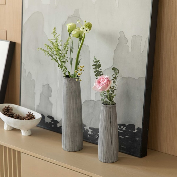 Uniquewise Decorative Modern Round Table Centerpiece Flower Vase with Gray Striped Design, PK 2 - QI004175.2