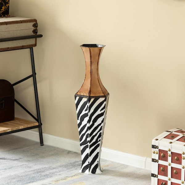 Uniquewise White striped and brown Metal Floor Vase Home Decor for Flowers and Artificial Floral Arrangements - QI004522