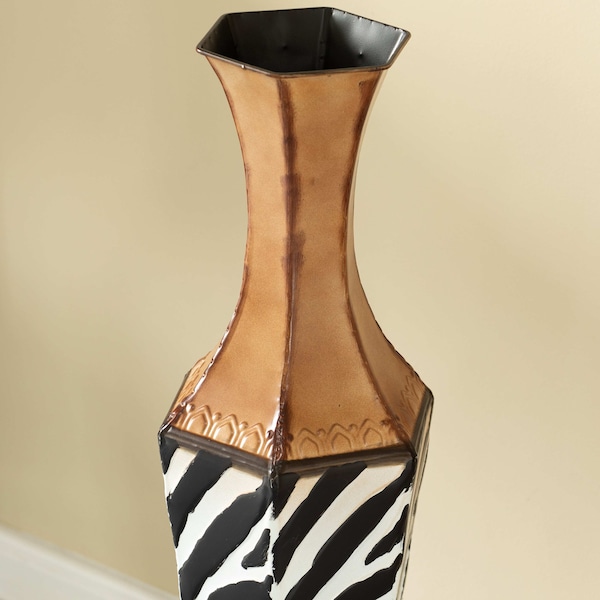 Uniquewise White striped and brown Metal Floor Vase Home Decor for Flowers and Artificial Floral Arrangements - QI004522