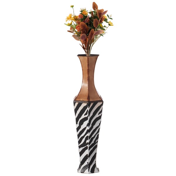 Uniquewise White striped and brown Metal Floor Vase Home Decor for Flowers and Artificial Floral Arrangements - QI004522