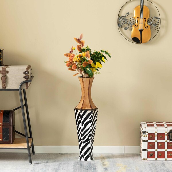 Uniquewise White striped and brown Metal Floor Vase Home Decor for Flowers and Artificial Floral Arrangements - QI004522
