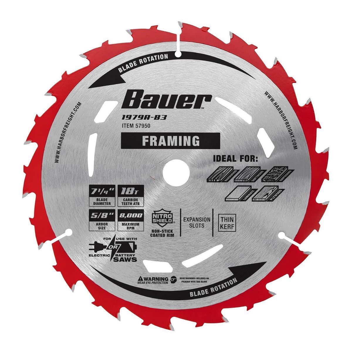 Hoja de sierra circular para enmarcado Bauer de 7-1/4 pulgadas, 18 dientes - 57950