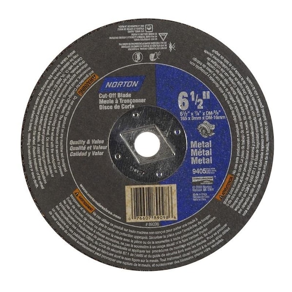 Norton Co CIRCULAR SAW BLADES, Type 1 -Reinforced - Metal - Aluminum Oxide, 6-1/2 x 1/8 x DM, Max RPM: 9405 - 076607-89098
