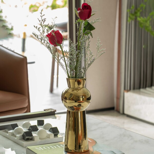 Fabulaxe 10.5 H Decorative Ceramic Ball Neck Flower Table Vase, Shiny Metallic Gold - QI004057