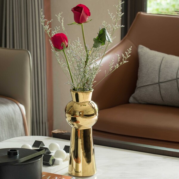 Fabulaxe 10.5 H Decorative Ceramic Ball Neck Flower Table Vase, Shiny Metallic Gold - QI004057