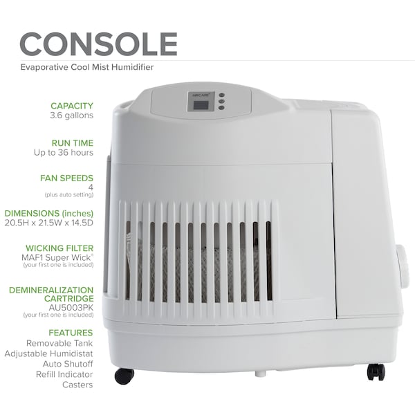 Aircare Portable Humidifier, Portable, 3.6 gal, 3,600 sq. ft., Console, White - MA1201