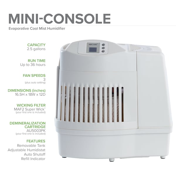 Aircare Humidifier, No, 2.5 gal, 2,600 sq. ft., Mini Console, White - MA0800