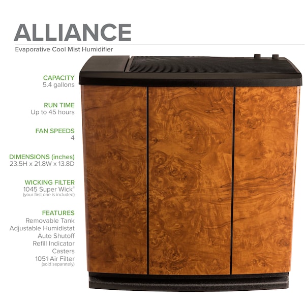 Aircare Portable Humidifier, 5.4 gal, 3,700 sq. ft., Console, Oak Burl - H12 400HB