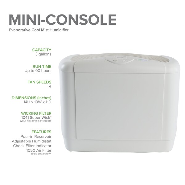 Aircare Portable Humidifier, -, 3 gal, 1,250 sq. ft., Mini Console, White - 5D6 700