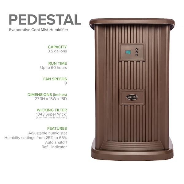 Aircare Humidifier, Portable, 3.5 gal, 2,400 sq. ft., Pedestal Style, Nutmeg - EP9 500
