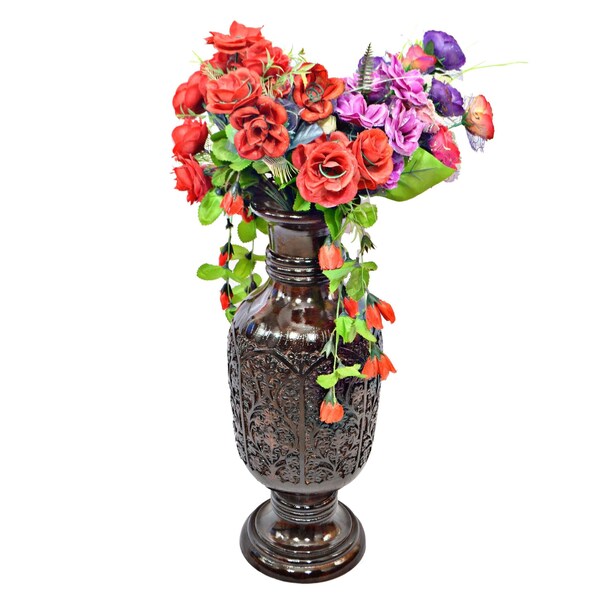 Uniquewise Antique Decorative Hand Curved Brown Mango Wood Table Flower Vase with Unique Textured Pattern, 24" - QI004008