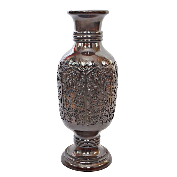 Uniquewise Antique Decorative Hand Curved Brown Mango Wood Table Flower Vase with Unique Textured Pattern, 24" - QI004008