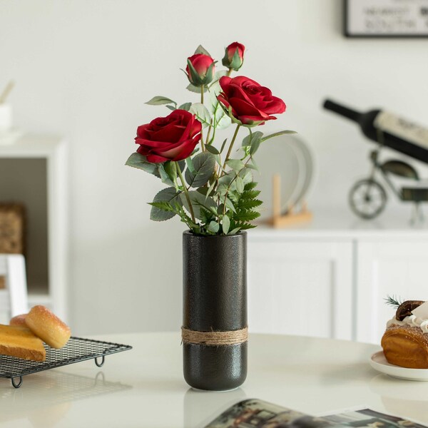 Uniquewise Decorative Modern Ceramic Cylinder Shape Table Vase Flower Holder with Rope, Black 8 Inch - QI004362.S.BK