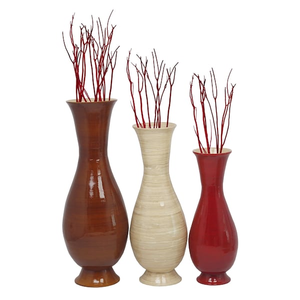 Uniquewise Tall Tri Color and Sizes Modern Handmade Bamboo Floor Vase, Brown, Natural, and Red, PK 3 - QI003592.3