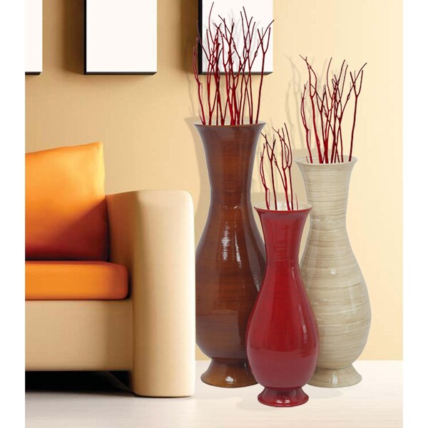 Uniquewise Tall Tri Color and Sizes Modern Handmade Bamboo Floor Vase, Brown, Natural, and Red, PK 3 - QI003592.3