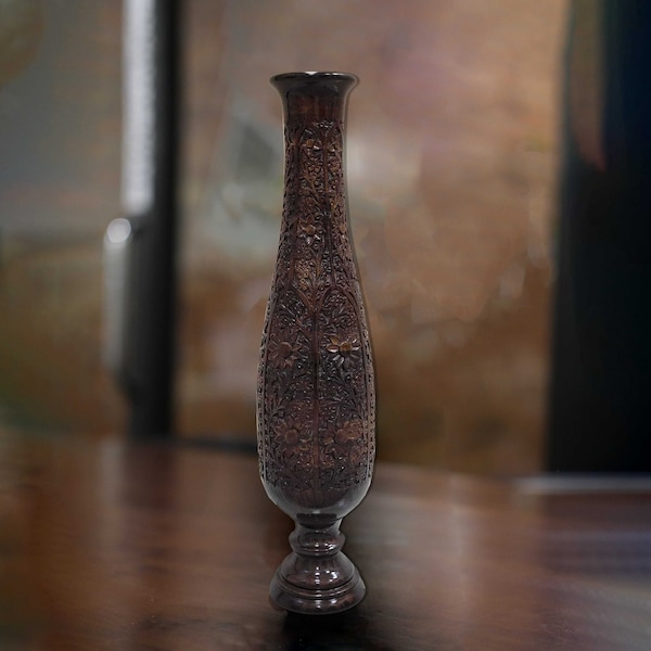 Uniquewise Antique Decorative Hand Curved Brown Mango Wood Floor Flower Vase Trumpet Design - QI004012