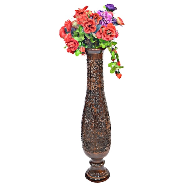 Uniquewise Antique Decorative Hand Curved Brown Mango Wood Floor Flower Vase Trumpet Design - QI004012