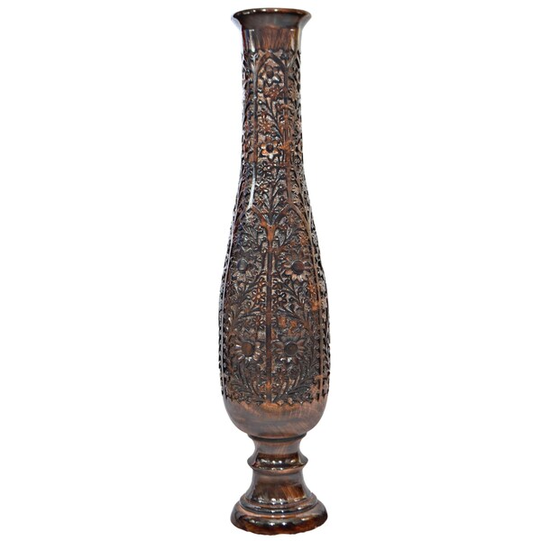 Uniquewise Antique Decorative Hand Curved Brown Mango Wood Floor Flower Vase Trumpet Design - QI004012