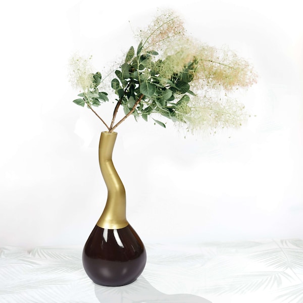 Uniquewise Decorative Modern Table Flower Vase Aluminium-Casted, Two Tone Brown and Gold 10 Inch - QI004136