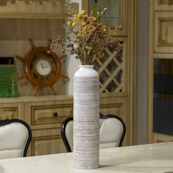 Uniquewise Modern Ribbed Trumpet Style Designed Table Vase for Entryway Dining or Living Room, Ceramic White - QI004039