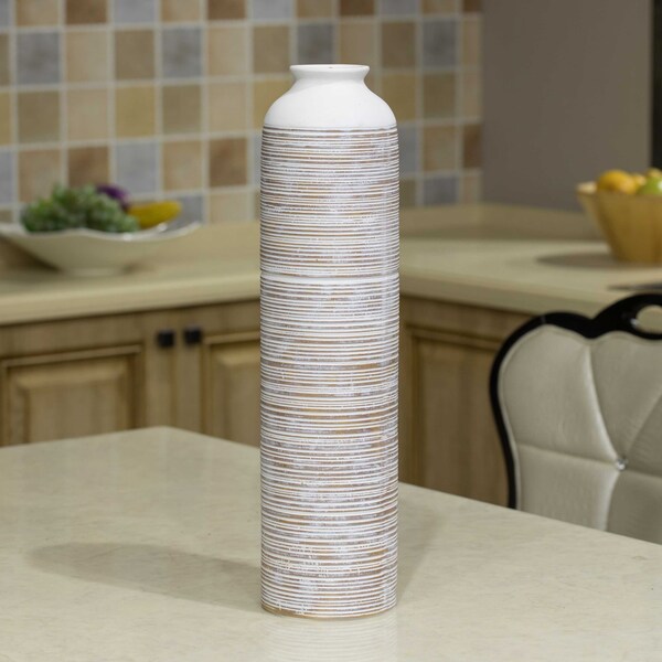 Uniquewise Modern Ribbed Trumpet Style Designed Table Vase for Entryway Dining or Living Room, Ceramic White - QI004039