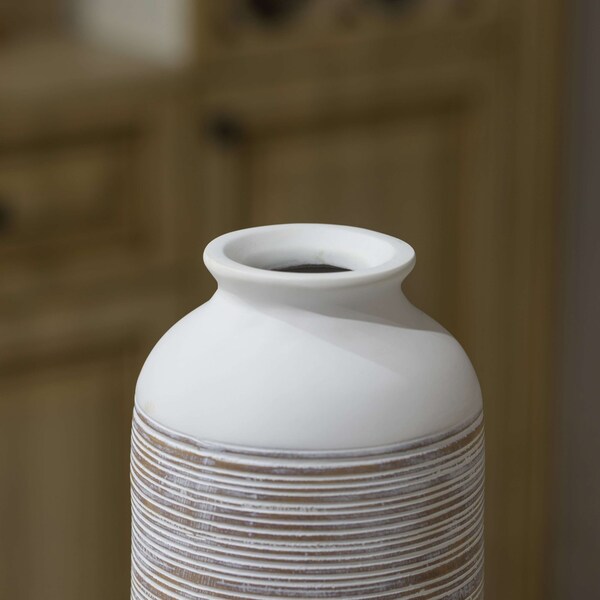 Uniquewise Modern Ribbed Trumpet Style Designed Table Vase for Entryway Dining or Living Room, Ceramic White - QI004039