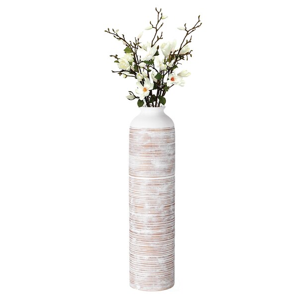 Uniquewise Modern Ribbed Trumpet Style Designed Table Vase for Entryway Dining or Living Room, Ceramic White - QI004039