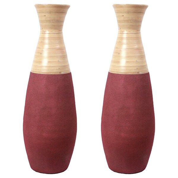 Uniquewise Set of 2 31.5 inch Tall Handcrafted Bamboo Floor Vase, Burgundy and Natural Finish - QI003353R.L.2