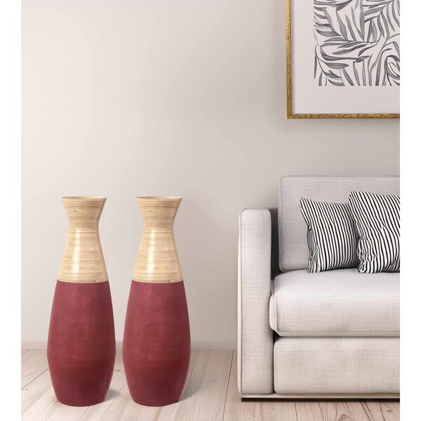 Uniquewise Set of 2 31.5 inch Tall Handcrafted Bamboo Floor Vase, Burgundy and Natural Finish - QI003353R.L.2